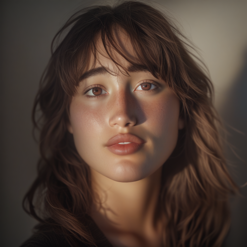 high key lighting, extreme high clarity, hyper realistic skin, fit in frame, studio photo, white shirt, bathed in soft natural light, studio light, ambient warmth, portrait photo, flat-cut bangs, well-lit face, volumetric, with medium short brown hair, ultra realistic, rim lighting, professional photography, 20 years old beautiful model, brown eyes