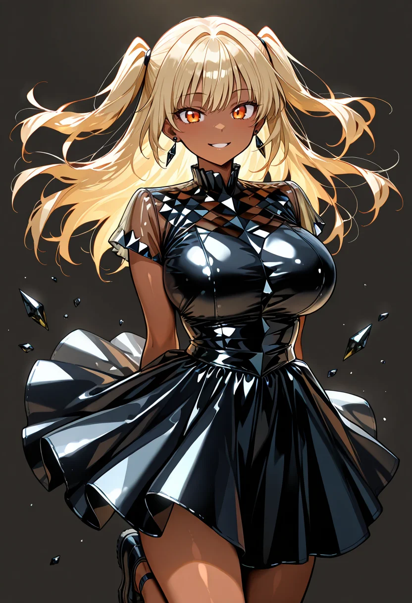 best quality, amazing quality, simple background,((outlined outlined vector graphics)), simple background, front view , looking at viewer ,
1girl, 20yo, (large breast:1.2), orange eyes, (blonde hair:1.3),long hair, (two side up:1.1), (dark skin:1.6), dark skin girl, (tall:1.2), (abs:0.7),bangs, cute face, earings,
black diamond clothes,, black dress, smile , parted lips short sleeve dress, jumping, , arms behind back, , see-through<lora:black-diamond-il-20:0.9>