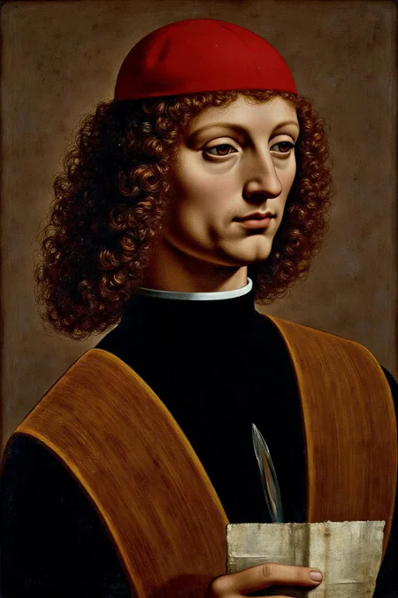 davinci1 painting.
A man with curly, shoulder-length hair wears a red hat and a black garment with a white collar. He holds a light-colored piece of paper in his hand. <lora:davinci1_cap_d6a3e12:1.0><lora:852100914205481413:0>