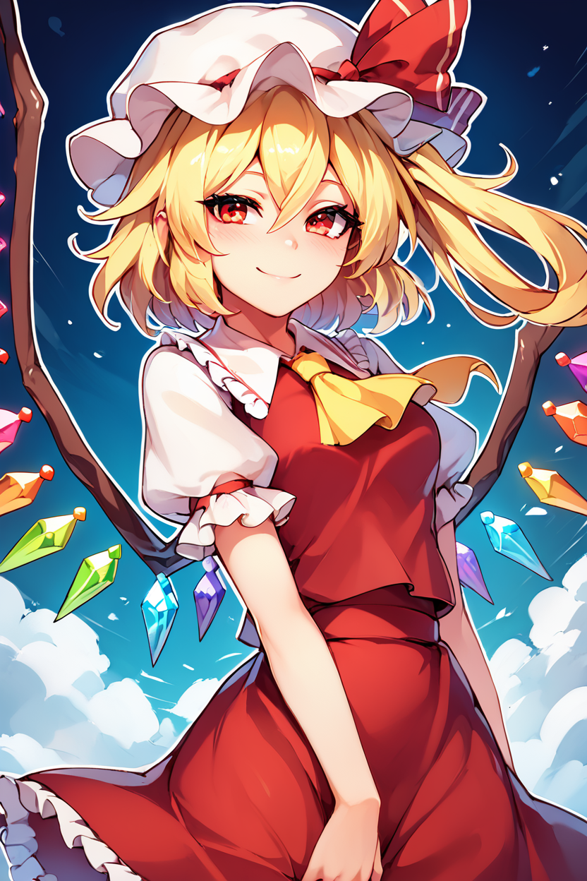 score_9, score_8_up, score_8, medium breasts, (curvy), cute, eyelashes,       BREAK, ,  ,,,  zzFlandre, red eyes, blonde hair, one side up, hair between eyes,  wings, ascot, red skirt, hat ribbon, short sleeves, puffy sleeves, mob cap, red shirt,  <lora:FlandreTouhou_PDXL:0.8>,   ,,, , BREAK, smile, looking at viewer, ,,, abstract background, white outline, cowboy shot, ,,, embedding:zPDXL, Expressiveh, ,,, <lora:CatalystStylePDXL:0.6>, <lora:SDXLFaeTastic2400:0.5>, <lora:Expressive_H-000001:0.4>,