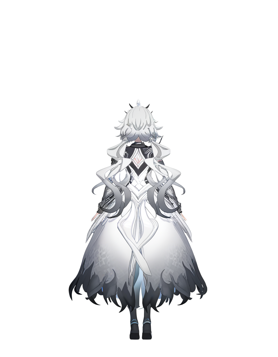 <lora:spfaniya_noob>,3dspfaniya,spfaniya,1girl,solo,long hair,dress,white dress,white background,simple background,from behind,twintails,grey hair,white hair,full body,
masterpiece,best quality,very aesthetic,absurdres,