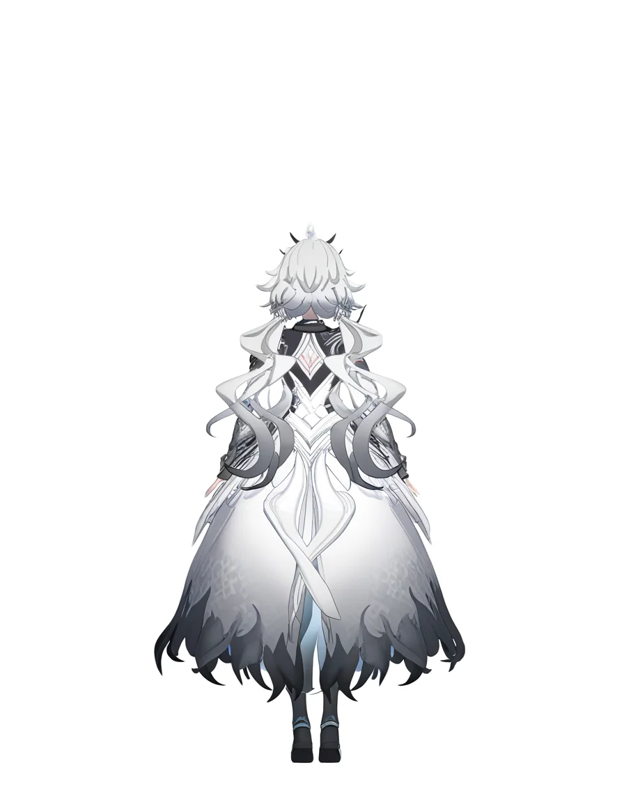 <lora:spfaniya_noob>,3dspfaniya,spfaniya,1girl,solo,long hair,dress,white dress,white background,simple background,from behind,twintails,grey hair,white hair,full body,
masterpiece,best quality,very aesthetic,absurdres,