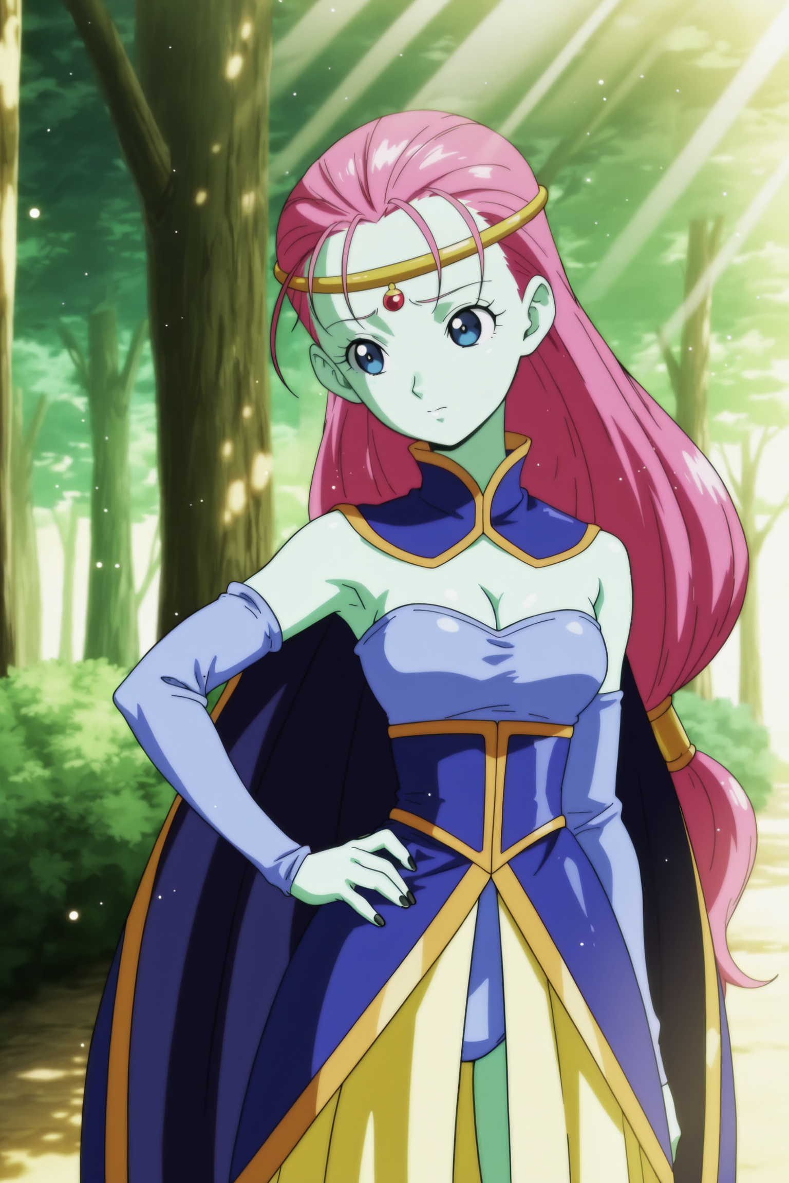 anime screencap, masterpiece, best quality, amazing quality, very aesthetic, absurdres,  newest, (scenery, volumetric lighting), official style, dappled sunlight, light particles, light rays,
caway, 1girl, solo, long hair, breasts, blue eyes, cleavage, medium breasts, pink hair, detached sleeves, cape, blue cape, hand on hip, dutch angle, colored skin, circlet, green skin, gold headwear, skirt, black nails, yellow skirt, purple legwear, standing, raised eyebrows, blue leotard, detached collar, blue collar, leotard, eyelashes, dress, blue dress, bare shoulders, armpits, low-tied long hair, fingernails, pointy nose, dappled sunlight, 
 <lora:Caway_iL:0.8>