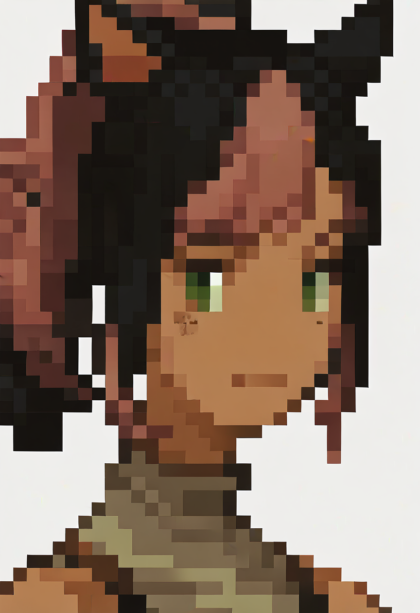score_9, score_7_up BREAK simple background, portrait, pixel art,white background, xivmc, cat girl,animal ears, black hair, pink hair,two-tone hair, ponytail, green eyes, slit pupils, freckles  <lora:FF-Tactics-Portraits-pdxl_Fp:1> <lora:clamXIVMC_locon:0.8>