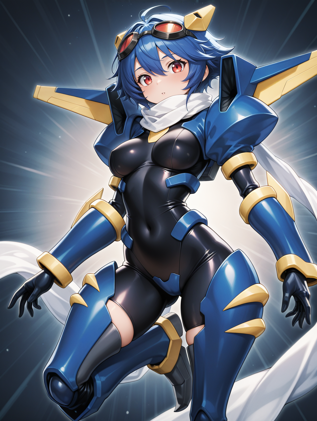 junk warrior,1girl,solo,red eyes,goggles on head,black bodysuit,white scarf,yellow hair ornament,short hair,mecha musume,medium breasts,personification,genderswap \(mtf\),blue armor,blue hair,blue armored gloves,blue armored thigh boots,mechanical wings,brass knuckles,
masterpiece,best quality,amazing quality,very aesthetic,absurdres,newest,<lora:Junk Warrior illuXL v1:0.82>,