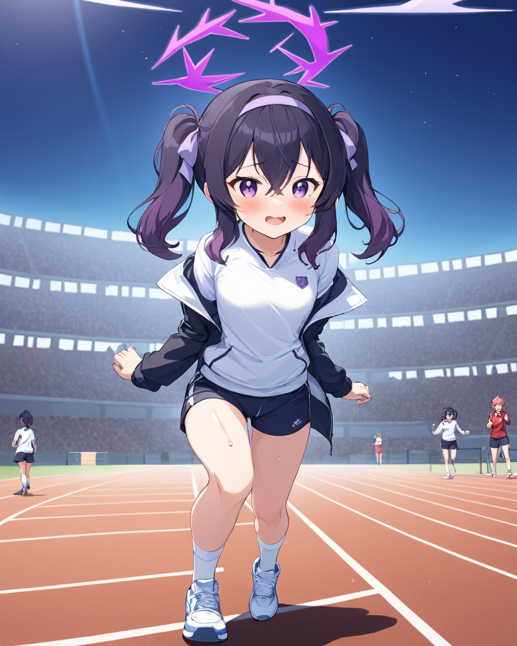haruka \(blue archive\), white_shirt, halo, gym_uniform, hair_bow, black_bow, black_hairband, white_socks, track_jacket, open_mouth, 2girls, buruma, white_footwear, legs, solo_focus, twintails, open_jacket, long_sleeves, blush, thighs, full_body, outdoors, standing, shorts, :d, gym_shirt, sweat, teeth, sneakers
<lora:haruka_(blue_archive)_image830_2023-11-26-000015:1>halo. gorgeous,key visual, vibrant, studio anime,award-winning, professional, highly detailed,high budget, cinemascope