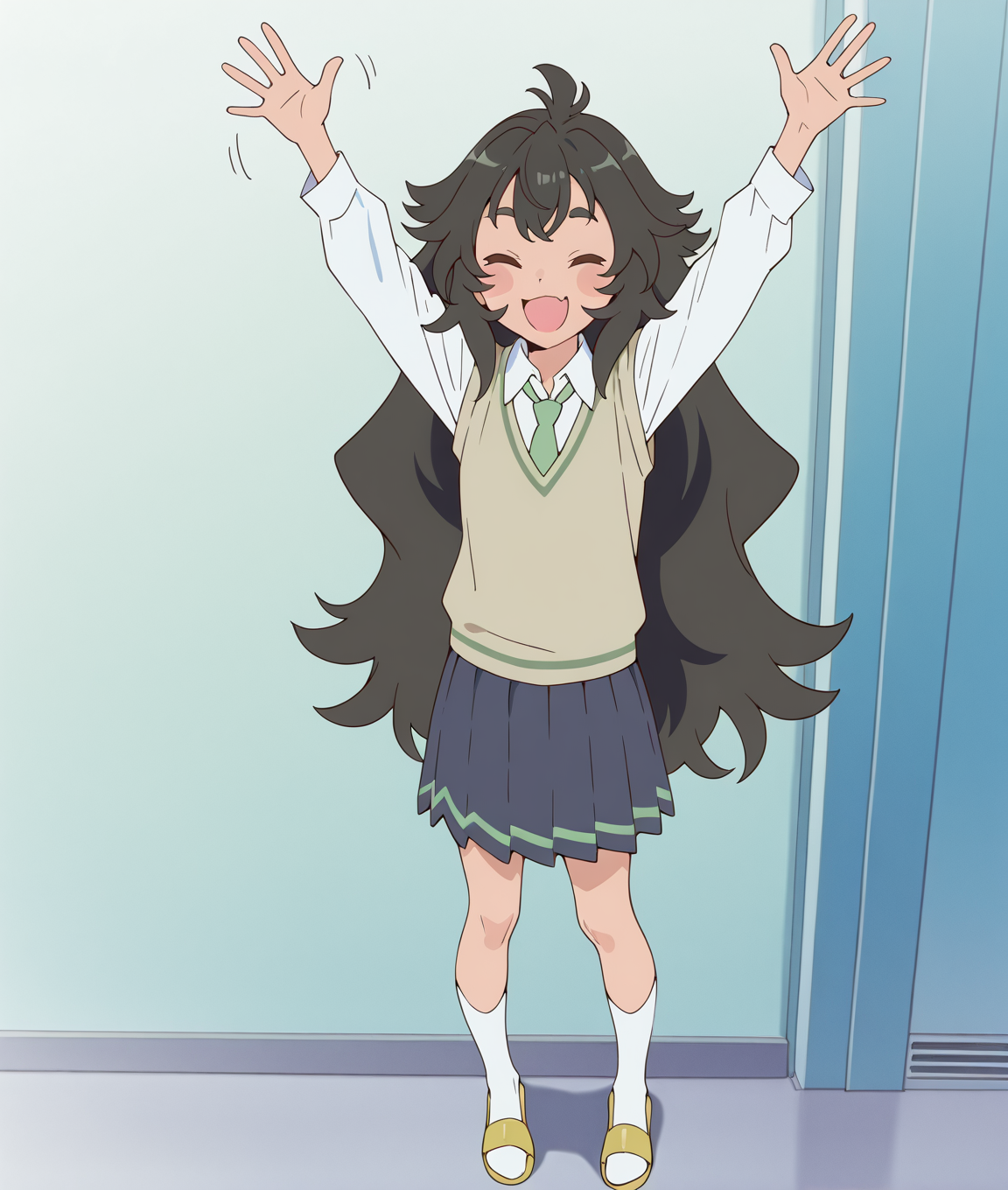 (masterpiece:1.4), (best quality:1.4),  very aesthetic,illustration, newest,best quality, amazing quality, very aesthetic, absurdres,
1girl,kouki_kokoro,purple eyes, black hair,  long hair, very long hair,messy hair,ahoge, 
 <lora:kouki_kokoro:1>
yusen_school uniform,  green necktie,white shirt, sweater vest,  very long hair, blue skirt, brown sweater vest, long sleeves,collared shirt, pleated skirt, wavy hair, white socks,knee highs,sandals
waving,arms up
 :d,smile,closed eyes
standing,full body