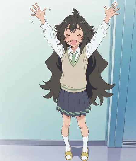 (masterpiece:1.4), (best quality:1.4),  very aesthetic,illustration, newest,best quality, amazing quality, very aesthetic, absurdres,
1girl,kouki_kokoro,purple eyes, black hair,  long hair, very long hair,messy hair,ahoge, 
 <lora:kouki_kokoro:1>
yusen_school uniform,  green necktie,white shirt, sweater vest,  very long hair, blue skirt, brown sweater vest, long sleeves,collared shirt, pleated skirt, wavy hair, white socks,knee highs,sandals
waving,arms up
 :d,smile,closed eyes
standing,full body