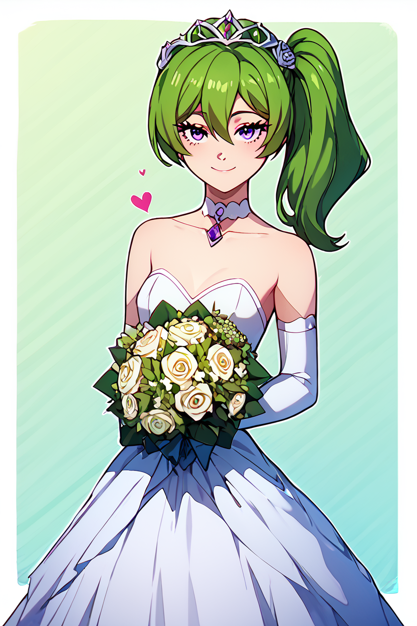 score_9, score_8_up, score_8, medium breasts, (curvy), cute, eyelashes,       BREAK, , <lora:UbelSousounofrieren:0.8>, zzUbel, medium hair, hair between eyes, green hair, side ponytail, purple eyes,, BREAK, smile, looking at viewer,  bride, wedding dress, bridal veil, strapless dress, elbow gloves,  holding bouquet,  hearts, white outline, cowboy shot, embedding:zPDXL, Expressiveh,  <lora:CatalystStylePDXL:0.5>,  <lora:LFashionPDXL:1>,  <lora:Uncensored_PonyXL_cpt_v02.09:0.4>,  <lora:Expressive_H-000001:0.4>,