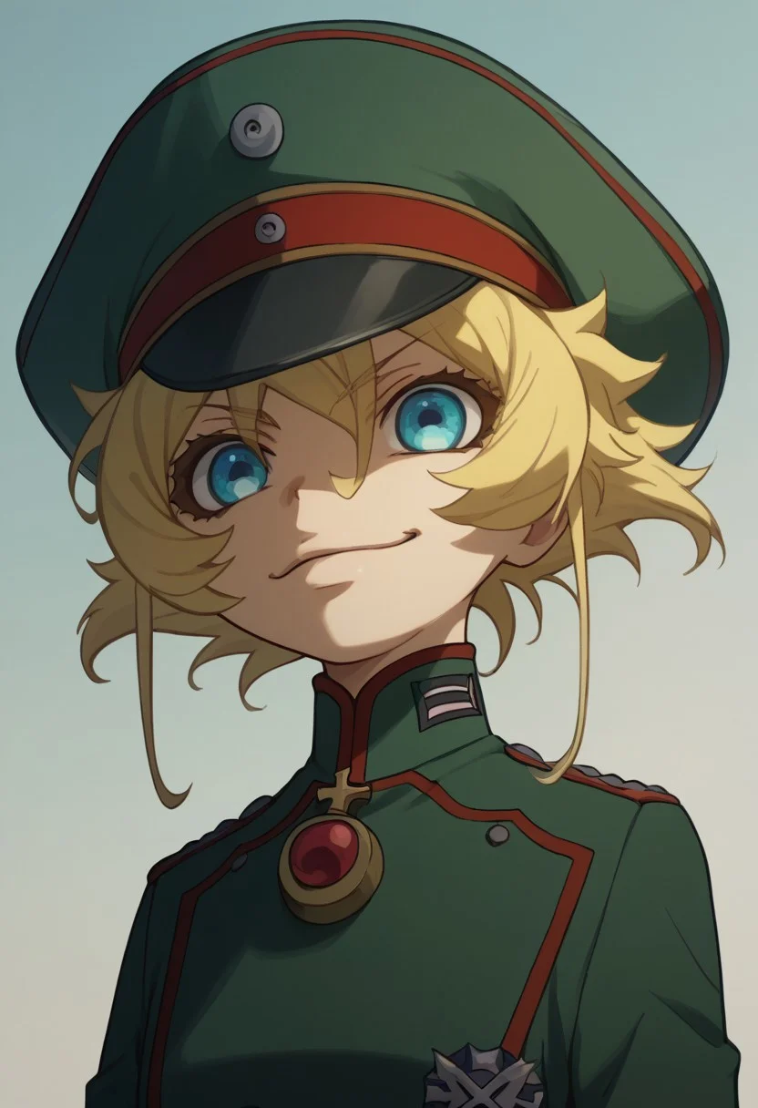 score_9, score_8_up, score_7_up, score_6_up, 1girl, Tanya Degurechaff, blonde hair, short hair, blue eyes, smile, closed mouth, uniform, hat