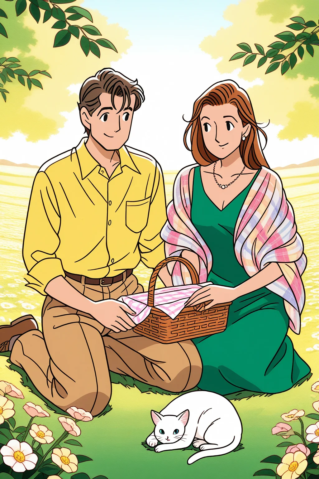 wataseizo,A vibrant,digital illustration in a cartoon style depicts a young couple on a sunny picnic in a colorful meadow. The man,fair-skinned with short brown hair,wears a yellow shirt and brown pants. The woman,with long brown hair,dons a green dress and a patterned shawl. A white cat and a picnic basket accompany them.,
