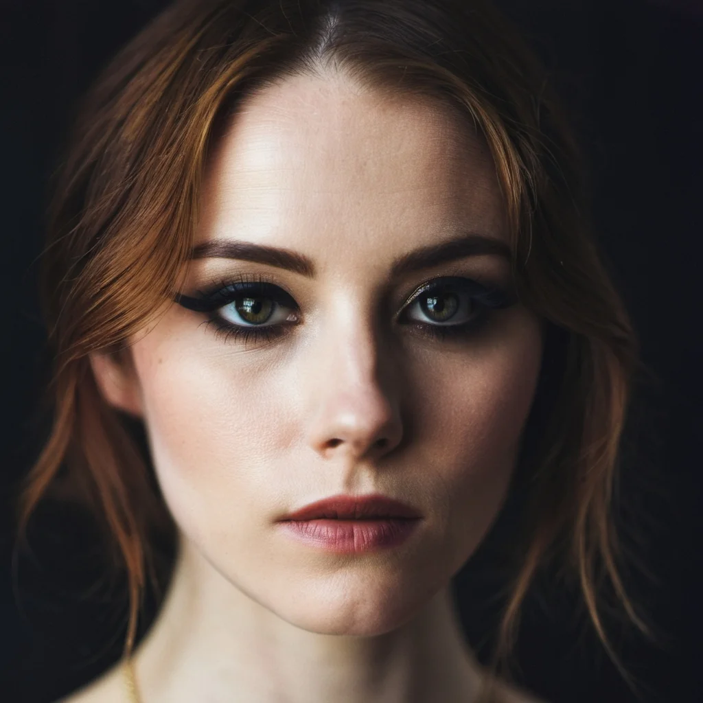 dark shot, face photo of 28 y.o pale woman, makeup, film grain