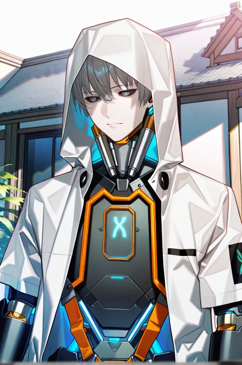 artist:gomzi,artist:wanke,artist:diyokama, rei_(sanbonzakura),[[artist:fuzichoco]],year 2023, 
house, solo, 
machina \(caligula 2\), android, robot boy, grey eyes, black sclera, grey skin, grey hair,
white jacket, hooded jacket, <lora:tce2_majorcharacters.ilxl:1.0>