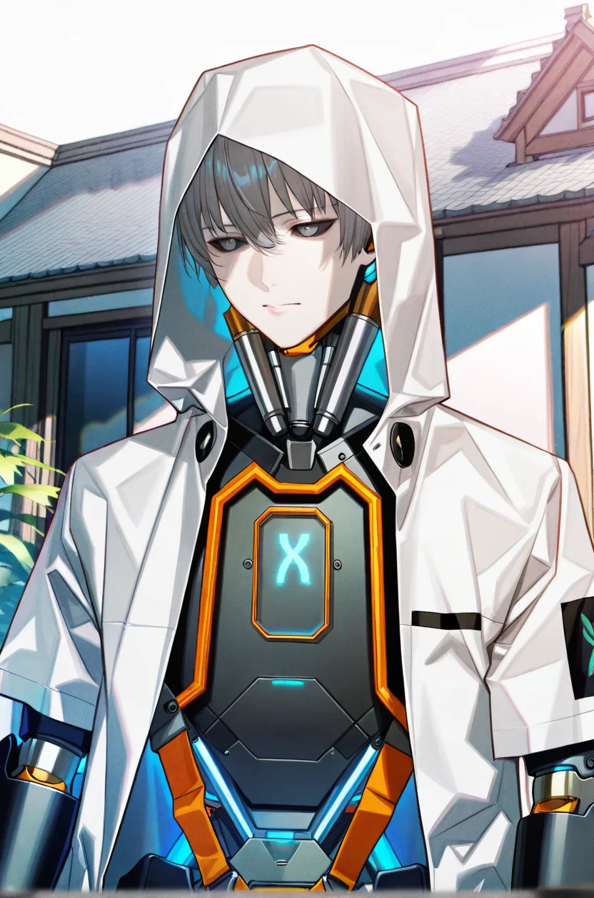 artist:gomzi,artist:wanke,artist:diyokama, rei_(sanbonzakura),[[artist:fuzichoco]],year 2023, 
house, solo, 
machina \(caligula 2\), android, robot boy, grey eyes, black sclera, grey skin, grey hair,
white jacket, hooded jacket, <lora:tce2_majorcharacters.ilxl:1.0>