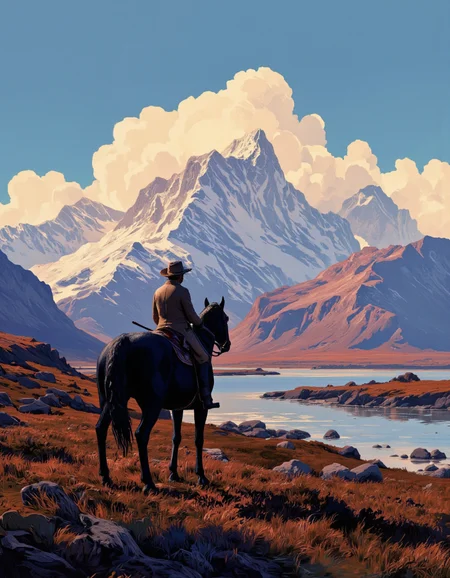 By Artem Chebokha. A digital illustration shoot from the side about a silhouette of a cowboy riding a horse in a mountainous landscape with a river in the background. the image also shows a serene landscape. on the middle of the image, a cowboy is sitting on a horse, facing away from the viewer. the cowboy is wearing a cowboy hat and a long coat, and is holding a rifle in his right hand. the horse is standing still, with its mane and tail flowing in the wind. the background features a stunning mountain range with snow-capped peaks, and the river below reflects the colors of the sky, which is a mix of blue, pink, and orange hues. the scene is set against a backdrop of a clear blue sky with fluffy white clouds.