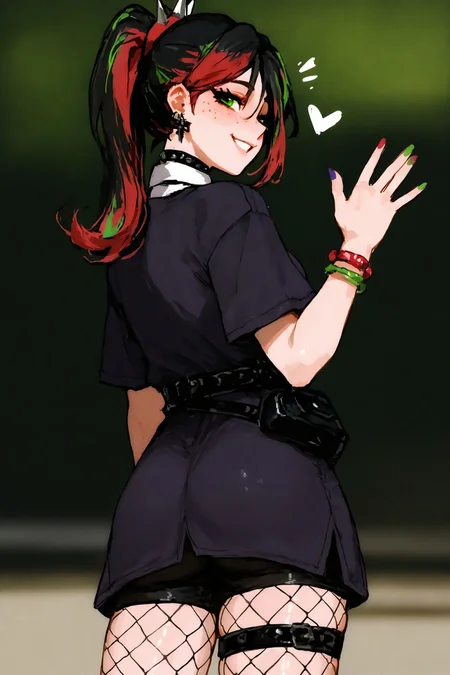 (masterpiece, best quality, absurdres, highres, ,very aesthetic,amazing quality,high resolution,depth of field,ultra-detailed), solo, from behind, looking back, winking, smiling, waving at viewer, cute, heart symbols around face, imtdhelsiexl, 1girl, freckles, green eyes, multicolored hair, black hair, green hair, red hair, ponytail, spikes, eyelashes, multicolored nails, streaked hair, dress, choker, bracelet, studded bracelet, collared shirt, necktie, fishnets pantyhose, belt, thigh strap, cross earrings, skirt, shorts under dress, ass
