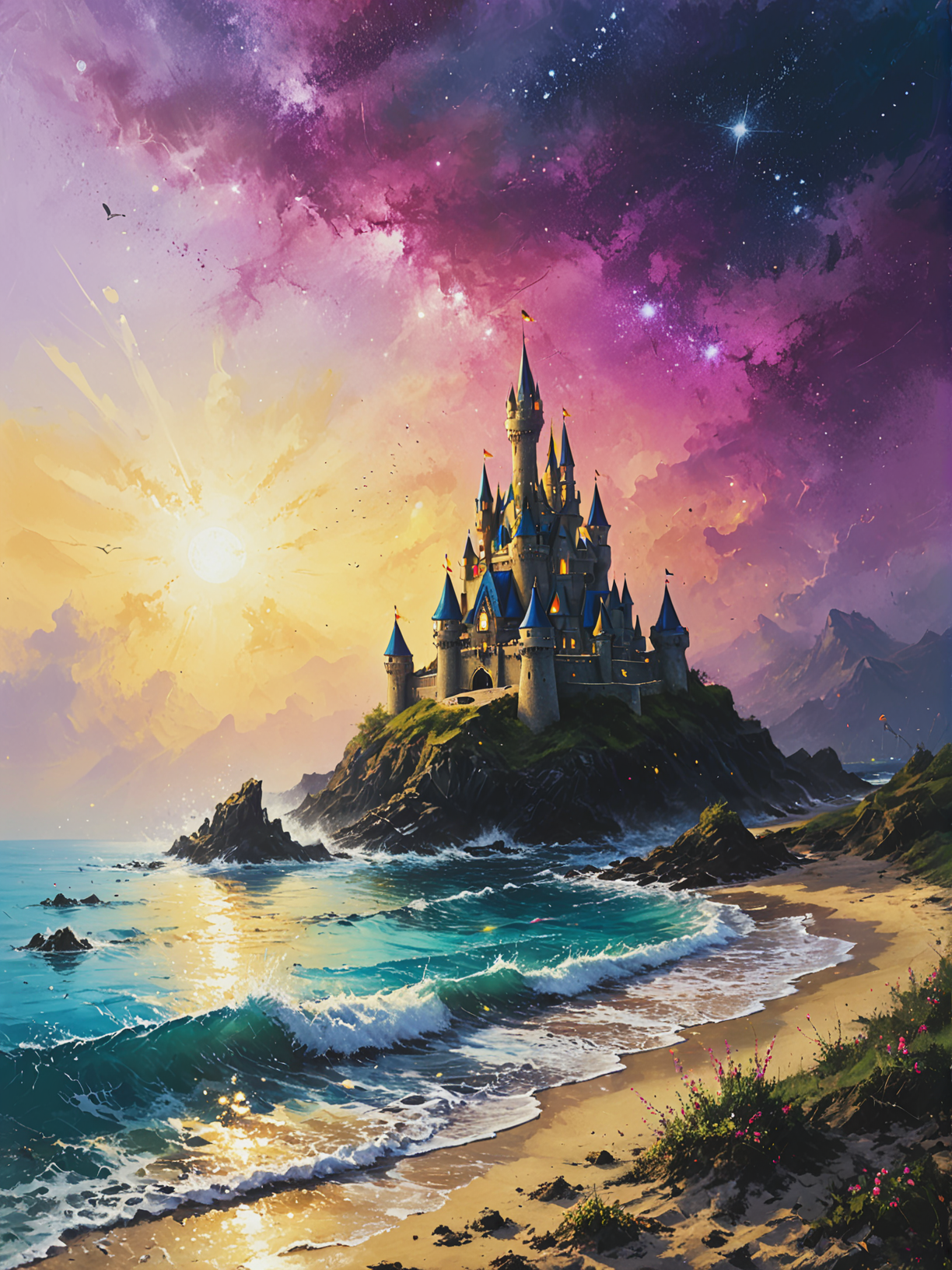 Sandcastles on stardust shores shimmer eternally, ultra-fine digital painting, <lora:xl_more_art-full_v1:0.3>,  <lora:Desolation:0.6> <lora:gorgoeus_splash_of_vibrant_paint:0.7> Gorgeous splash of vibrant paint