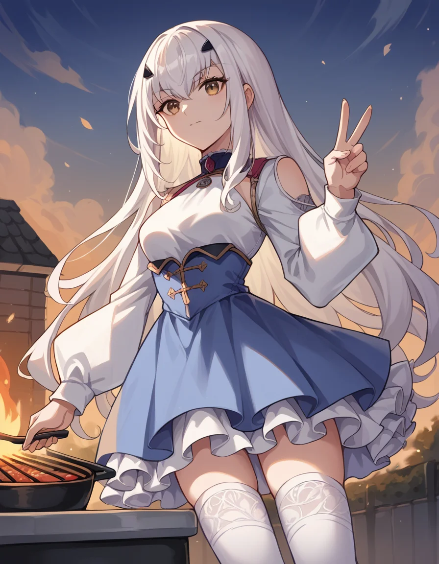 score_9, score_8_up, score_7_up, source_anime, <lora:fgo-melusine-ponyxl-lora-nochekaiser:1>, melusine, brown eyes, long hair, white hair, sidelocks,, blue dress, dress, frills, long sleeves, thighhighs, thighs, white thighhighs,, backyard, barbecue, grilling, laughter, summer evening, , , hand making a peace sign, solo,, cowboy shot, dutch angle