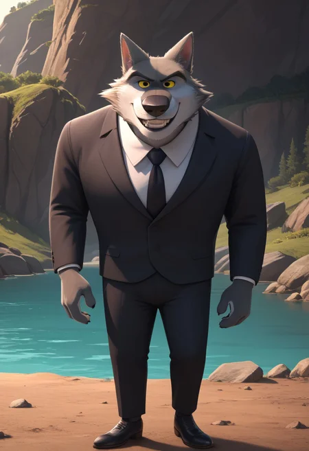 score_9, score_8_up, score_7_up, cartoon_style, ((by BodiPhant0m)), byBodiRDz, 4k, 8k, The best quality, very well drawn, detailed, high quality, detailed, 4k, high resolution, high quality, high resolution, outdoors, furry character, canine, 2d, solo, against the backdrop of the river, 
rockdog, linnux,
style rock dog, movie style, style[rockdog], rockdog, male, gray wolf, wolf boy, wolf, linnux,
(short) and fat, they wear dark suits with black ties, dark gray fur, a light gray muzzle and yellow eyes
(sexy), naked, exposed, easynegative, Split Lighting style, partially covered in shadow,
hands on hips, evil smile, (angry), (smile), (laughter),