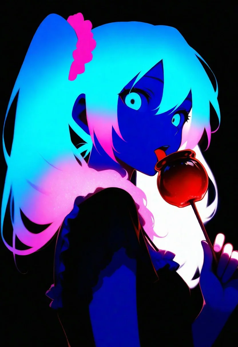 masterpiece, best quality, very aesthetic, hatsune miku, pink hair scrunchie, (licking:0.8), black nightgown, frills, short sleeves, holding candy apple, glowing candy apple, black background, colorful, glowing hair, looking at viewer, portrait, from side,