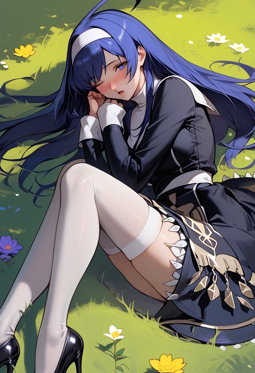 score_9, score_8_up, score_7_up, source_cartoon, 1girl, Orie Ballardiae, (/Under Night In-Birth)/, (ultra HD quality details),  blue hair, straight hair, long hair, ahoge, huge ahoge, (blue eyes), hairband, sleeping on grass, sleeping, blushing, moaning,
black dress, turtle neck, long sleeves, layered skirt, black shoes, stiletto shoes, high heels, thighhighs, white thighhighs,
colorful detailed flower background, (detailed image, high resolution, 5k resolution:1.0), Expressiveh,