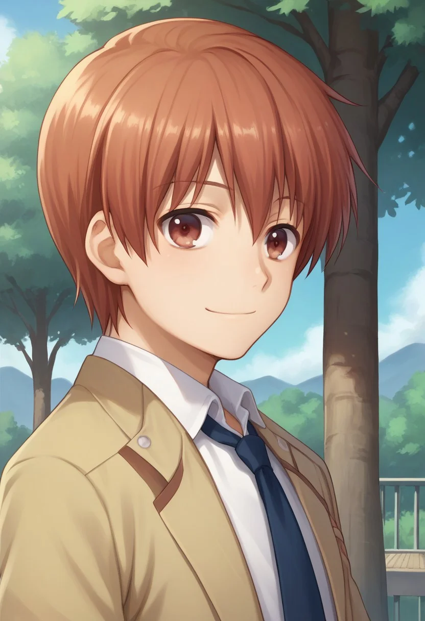 score_9, score_8_up, score_7_up, source_anime, highly detailed,
yuzuru, 1boy, school uniform, male focus, solo, brown eyes, necktie, shinda sekai sensen uniform, red hair, red eyes, upper body, smile,
outdoor, sky, tree,