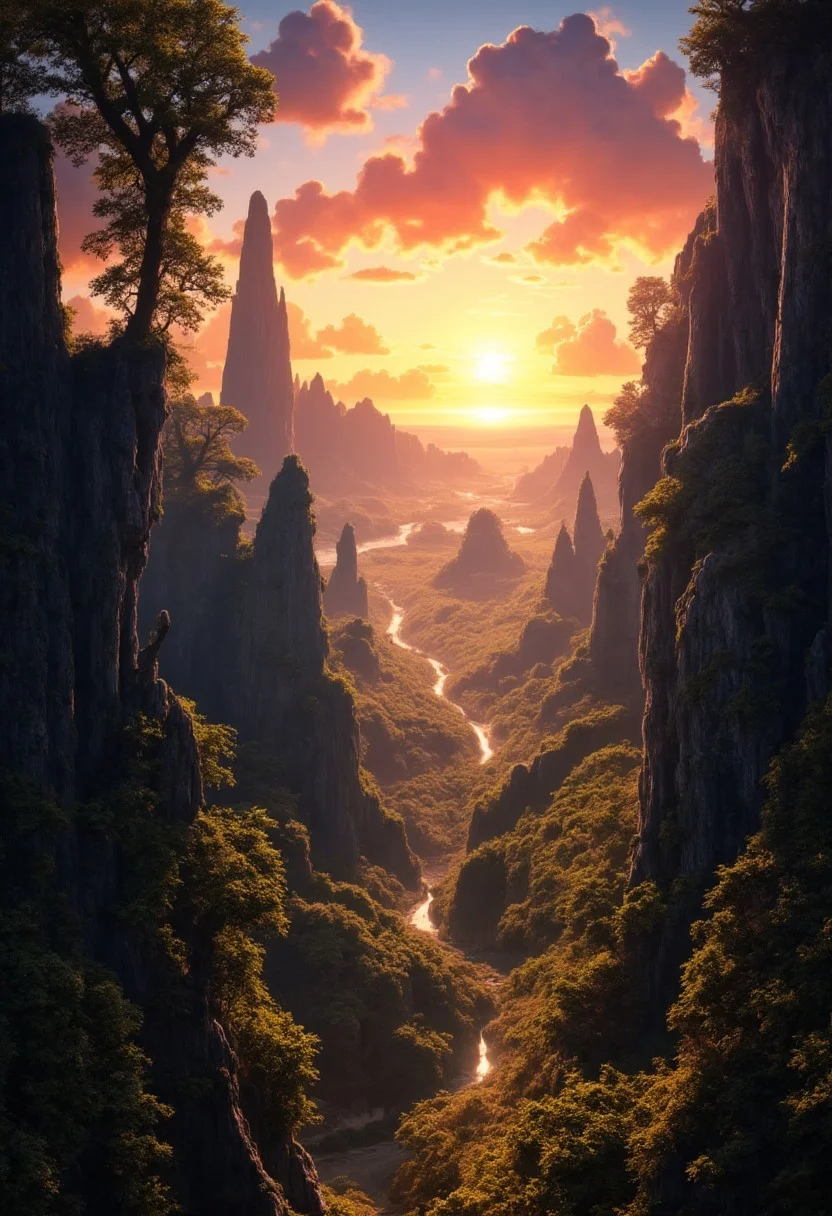 A path winds through a misty jungle valley towards tall mountains. Waterfalls catch the attention. The setting sun goes below the horizon, painting the sky in vivid hues of red, orange, and gold. Tall vine laded jungle trees canopy. Dew-kissed grass sparkles as sunbeams dance across the landscape. Puffy clouds catch the evening light, transforming into floating islands of color. In the distance, the mountains' peaks submerge in shadow.