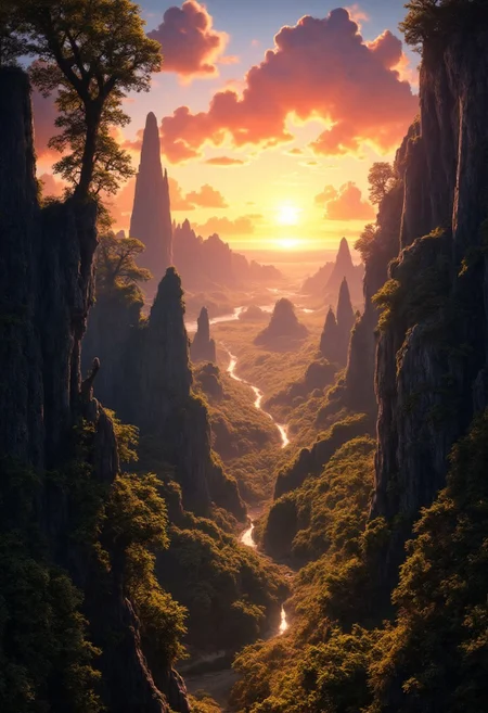 A path winds through a misty jungle valley towards tall mountains. Waterfalls catch the attention. The setting sun goes below the horizon, painting the sky in vivid hues of red, orange, and gold. Tall vine laded jungle trees canopy. Dew-kissed grass sparkles as sunbeams dance across the landscape. Puffy clouds catch the evening light, transforming into floating islands of color. In the distance, the mountains' peaks submerge in shadow.