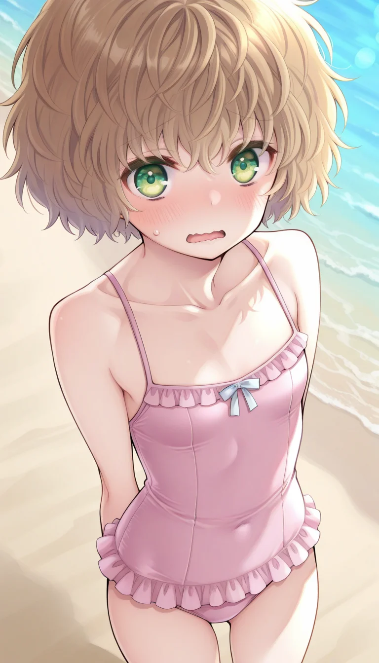 ((ultra-detailed)), ((best quality)), ((beautiful eyes)), ((extremely detailed)), 4K, (8K), best quality, (beautiful), Master piece, highres, best quality, official art, highres, masterpiece, newest,mitsurutakada, solo, 1girl, embarrased, wavy mouth, half-open mouth, blush,one-piece swimsuit, frilled swimsuit, cute swimsuit, beach, looking at viewer, angle view, beach