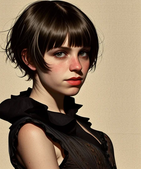 <lora:LCM_LoRA_Weights_SD15:1>
<lora:rogerhaus:1> rogerhaus
mature woman
Dark Brown hair
frilled corset, frilled sleeves, collarbone, detached collar, 
short hair, blunt bangs,