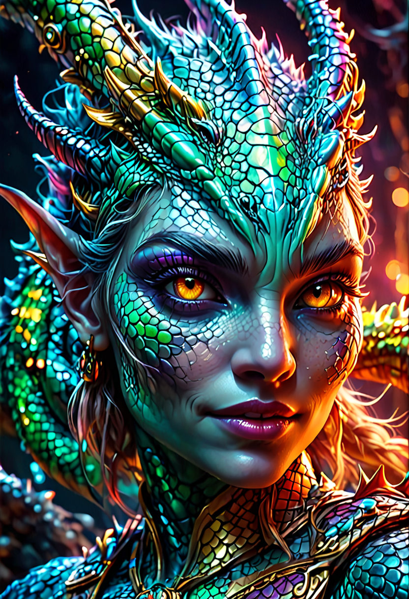 female human dragon hybrid, covered in matte scales as skin, extreme close-up, striking reptilian eyes, dragon horns, bald, braided ponytail, exudes confidence and power, sunet, rim lighting, cold colors. style of Don Lawrence, style of (Will Murai:1.2), style of (Greg Rutkowski:0.8),  <lora:SDXLFaeTastic2400:1.0>, 
<lora:Hyper-SDXL-8steps-lora:1.0>