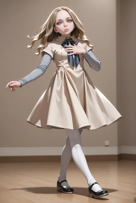 masterpiece, best quality, absurdres, highres
<lora:m3gan_ill_v1.3:1> 1girl,m3gan, grey eyes,(thick lips:0.8),expressionless,striped long sleeves, dress, long hair, white pantyhose,black footwear,mary janes,looking at viewer,dancing,hand on breast