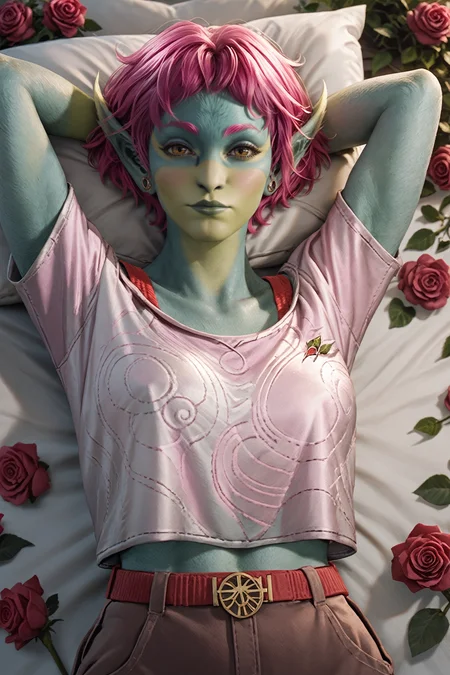 score_9, score_8_up, score_7_up, score_6_up
<lora:CITZ:0.8>
CITZ, 1girl, alien, pink hair, short hair, green skin, pointy ears, looking at viewer, lying on a bed of roses, arms up, arms behind head