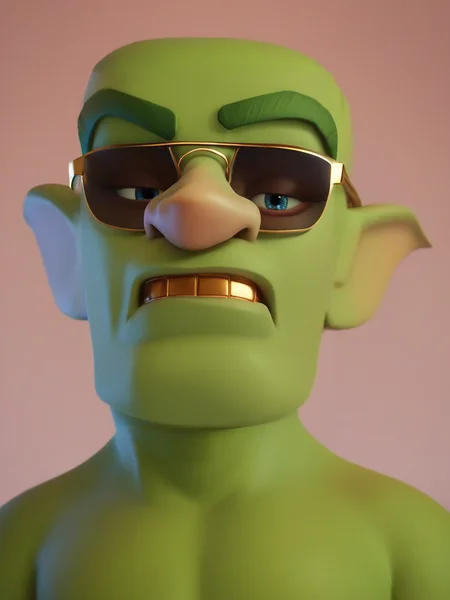score_9, score_8_up, score_7_up, score_6_up, in clsh artstyle, 3d render, 1boy, goblin, solo, looking at viewer, green skin, pointy ears, colored skin, wearing sunglasses, jewelry, gold chain, gold tooth, grinning, teeth, arms folded, upper body, from below, <lora:Clash_Supercell_Style_LoRA-000007:1>