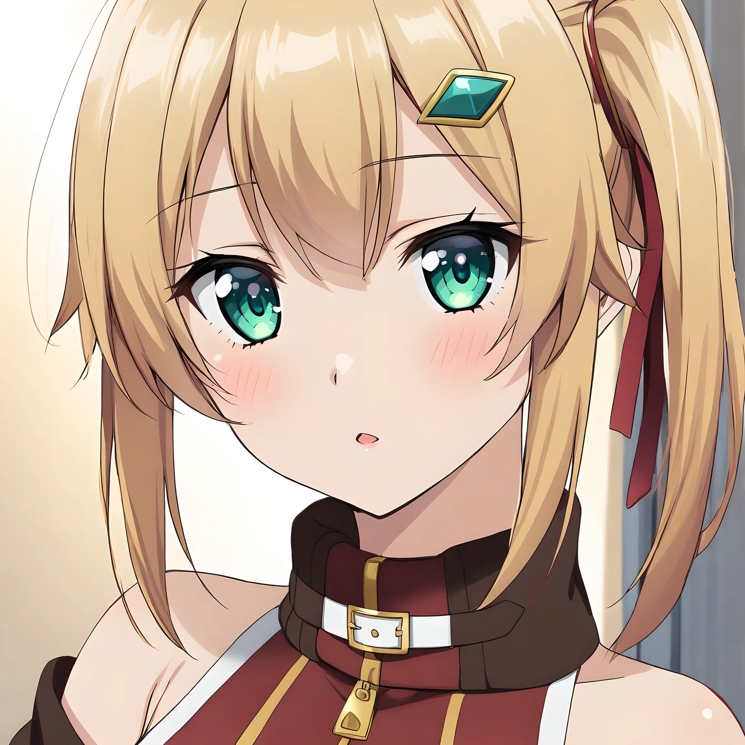 emma_brightness, blonde hair, gloves, fingerless gloves, skirt, hair ornament, hairclip, large breasts, red skirt, bare shoulders, portrait, 1girl, solo, green eyes, side ponytail, <lora:XL-EmmaBrightness:1>