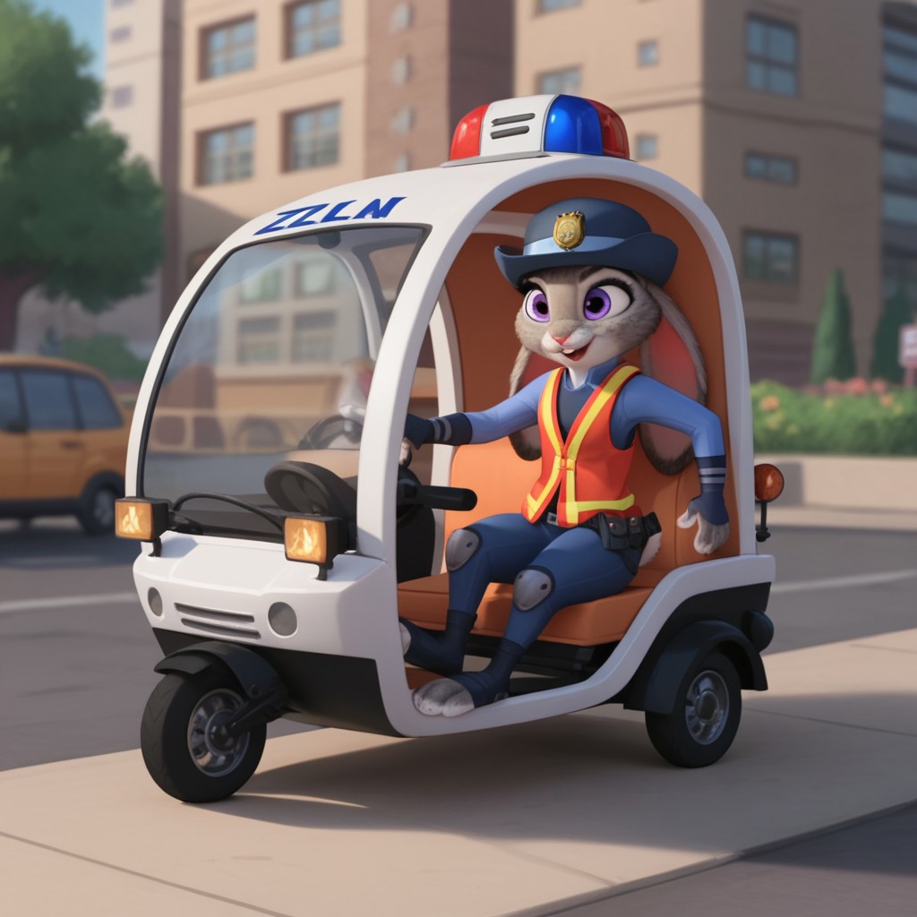 score_9, score_8_up, score_7_up, score_6_up, score_5_up, score_4_up, source_furry, hoppsJudyzt, anthro, female, bunny, grey fur, purple eyes, rabbit ears, rabbit tail, rabbit girl,  zpd parking uniform, dark blue pants, blue shirt, orange safety vest, hat, toeless blue footwear, sitting driving, zpd police cart, street, city,