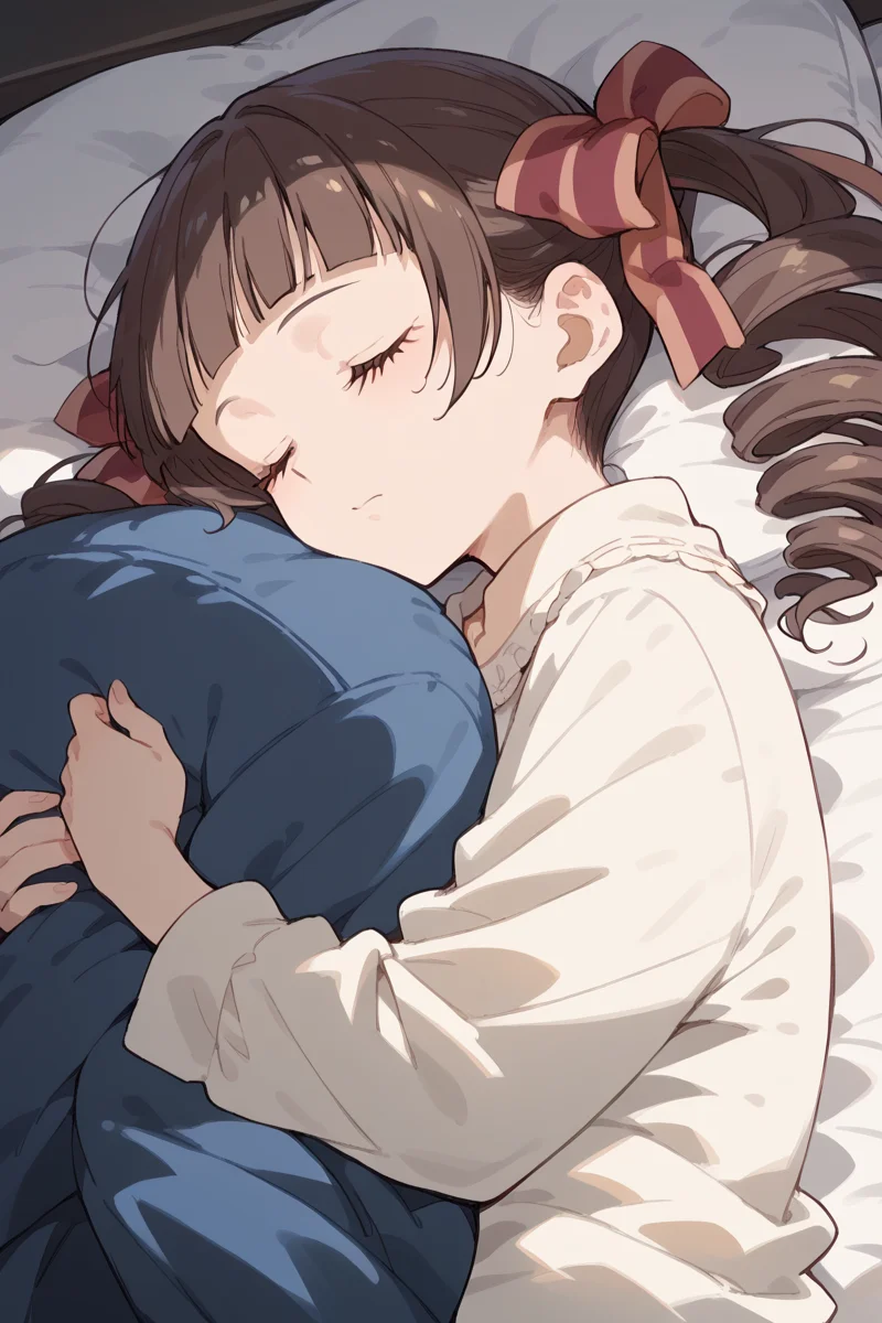 score_9, score_8_up, score_7_up, score_6_up,
<lora:Touko_Matsudaira:1> touko, closed eyes, 1girl, drill hair, sleeping, brown hair, twin drills, solo, ribbon, twintails, hair ribbon, blunt bangs, sleeping upright, bangs