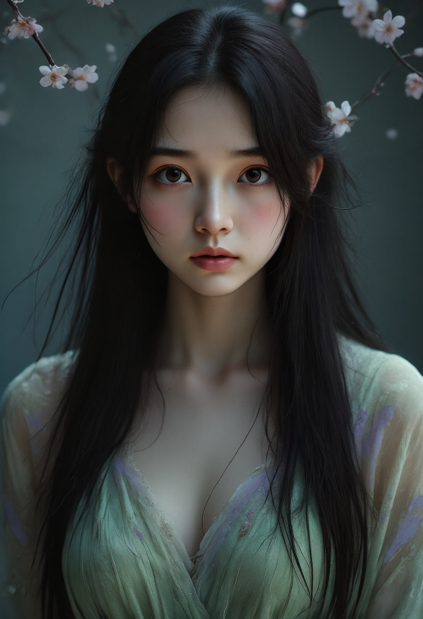 hyperrealistic art A mesmerizing portrait capturing the essence of timeless beauty ---- Her hair streamed down in a cascade of ink-black silk, so long and lustrous it seemed to pool on the floor like a living thing. Her robes were of layered silk in shades of spring green and lavender, blending as if she carried the dawn with her. But it was her face, serene as the moon reflected in still water, that stole his breath. Her every movement was soft, deliberate, and imbued with a quiet dignity that made her seem otherworldly. Even the air around her seemed sweeter, tinged with the faint scent of plum blossoms
vulnerable expression. The background is silhouetted, creating a dramatic and mysterious atmosphere
Japanese woman
Heian period (794â1185)<lora:Dever_Flux_Enhancer:0.85>  <lora:Anime v1.3:0.9>  <lora:kolorsasianface-flux1d:0.7> Asian