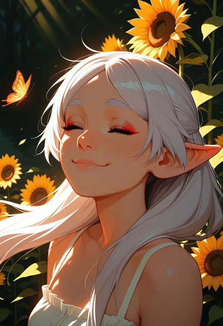 HDR, 8K, high contrast, masterpiece, best quality, amazing quality, very aesthetic, realistic, newest, (artist:incase:0.1), (artist:tsuaii:0.1), (flat colors:1), sunlight, light, shadow,
close up, 1girl, solo sexy woman, white hair, bangs, Frieren, eyeliner, perfect face, elegant, refined, small breasts, colorful sundress, shy smile, dynamic pose, volumetric lighting, cinematic lighting, outdoors, festival, nature, blooming, sunflower, wind, spring, beautiful lighting, warm sunshine, adult, mature, hime-cut, butterflies, looking up in sun, closed eyes, enjoying sunlight, very awa, masterpiece, highres, absurdres, Flatline, Flat vector illustration, no lineart, no outline,