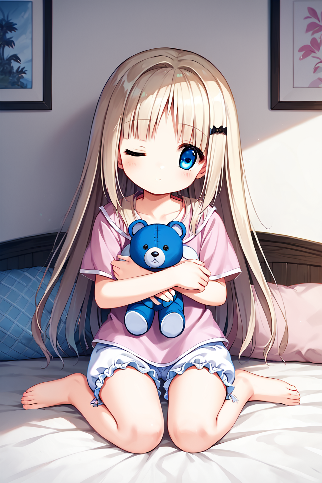 score_9, score_8_up, score_7_up, score_6_up, rating_safe, source_anime, best quality, masterpiece, detailed background, detailed eyes, bedroom, sitting in bed, hugging a stuffed teddy bear, tired, sleepy, one eye closed, <lora:noumi-kudryavka-xl-06:1>, noumi kudryavka, flatchested, platinum blonde hair, blue eyes, pink pajama shirt, pink bloomers, frilled bloomers,