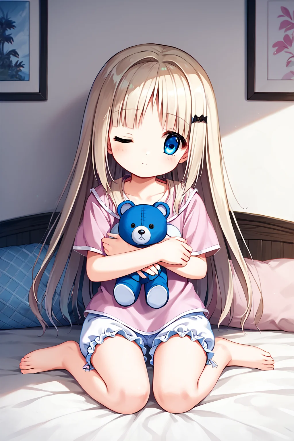 score_9, score_8_up, score_7_up, score_6_up, rating_safe, source_anime, best quality, masterpiece, detailed background, detailed eyes, bedroom, sitting in bed, hugging a stuffed teddy bear, tired, sleepy, one eye closed, <lora:noumi-kudryavka-xl-06:1>, noumi kudryavka, flatchested, platinum blonde hair, blue eyes, pink pajama shirt, pink bloomers, frilled bloomers,