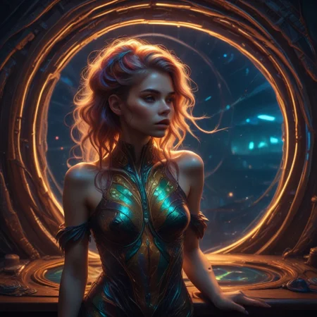 mermaid, shiny hair tied up, realistic movements, serious smile, colorful bracelets, air bubbles, shark shadows, reij-re, neon color and ambient neon light, neon color, ambient light, cherry wood details, marmor details, rusty details