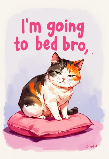 A little calico cat sitting on a pink pillow. Its looking sleepy with its head tilting down because its falling asleep. Pink bubblegum letters "Im going to bed bro". Soft pastel colors