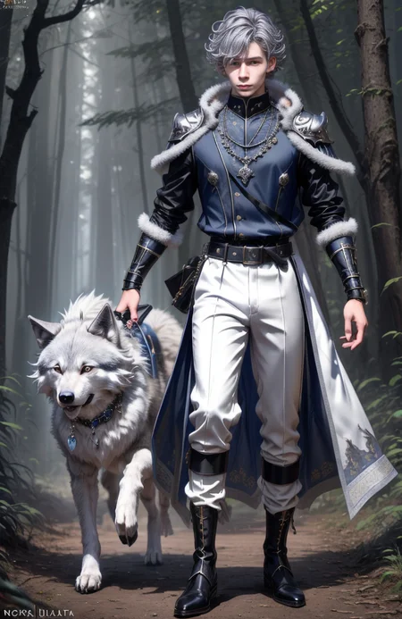 8k, wolf prince, ((masterpiece)).((best quality:1.2)), sharp focus, full body, head to toe, 1 young man, 22 years old, youthful appearance, male focus, dynamic pose, silver colored hair, curly hair, EYESHD, small testicle bulge, Nora outfit fur accents, Nora outfit bead necklaces, Nora outfit pants, Nora outfit hip quiver, Nora outfit leg guards, Nora outfit arm braces, Nora outfit belt with pouches, and Nora outfit fur boots, defined body, thin waist, looking at camera, armor, he has a pet wolf, detailed background a wooded clearing, a pet wolf standing nest to him,(absurdres) , <lora:more_details:0.5>, <lora:wrenchftmfshn>,<lora:add-detailxl:0.8>, <lora:Eyes_High_Definition-000007>, , <lora:lightup_brightness_v200:1>, <lora:Nora:1>