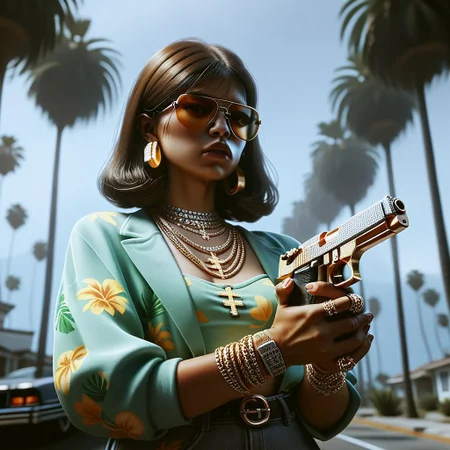 score_9, score_8_up, score_7_up, score_6_up, score_5_up, score_4_up, 
ho1ding-weap0n, 1girl, holding pistol, palm trees, jewelry, gangster, sunglasses