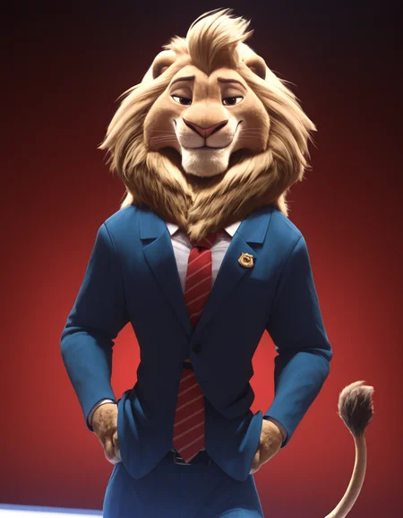 zootopia artstyle,
masterpiece, best quality,
pinup pose, looking at viewer, perfect face, colorful, dramatic angle, unique perspective, unique angle, detailed, intricate details, highres, absurdres, smile, on stage, furry male, solo, lion, lionheart, red necktie, lion tail, whiskers, brown eyes, blue suit, white shirt, brown fur, smug, cowboy shot, closed mouth
<lora:Zootopia_Art_Style_ill_3D:0.95>âââ