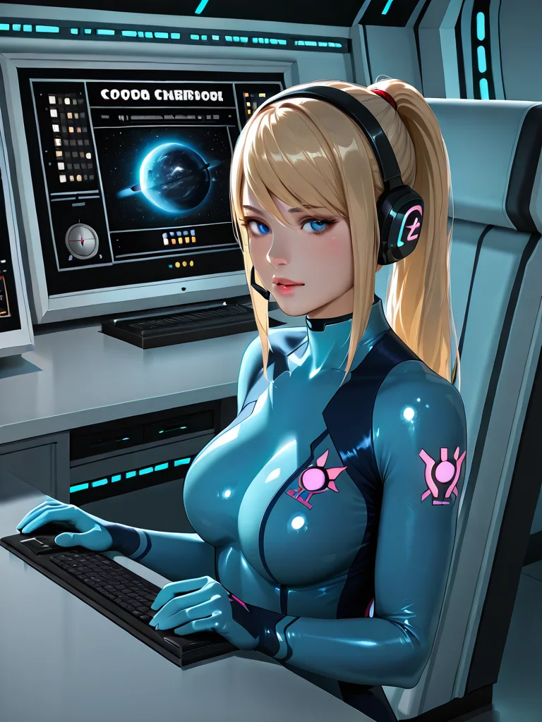 <lora:L4R50N-IL:0.7> photorealistic, sharp focus, best render quality, L4R50N, ((spaceship interior)), computers, monitor screen, space, blue lighting, futuristic, 1girl, zero suit, headset,