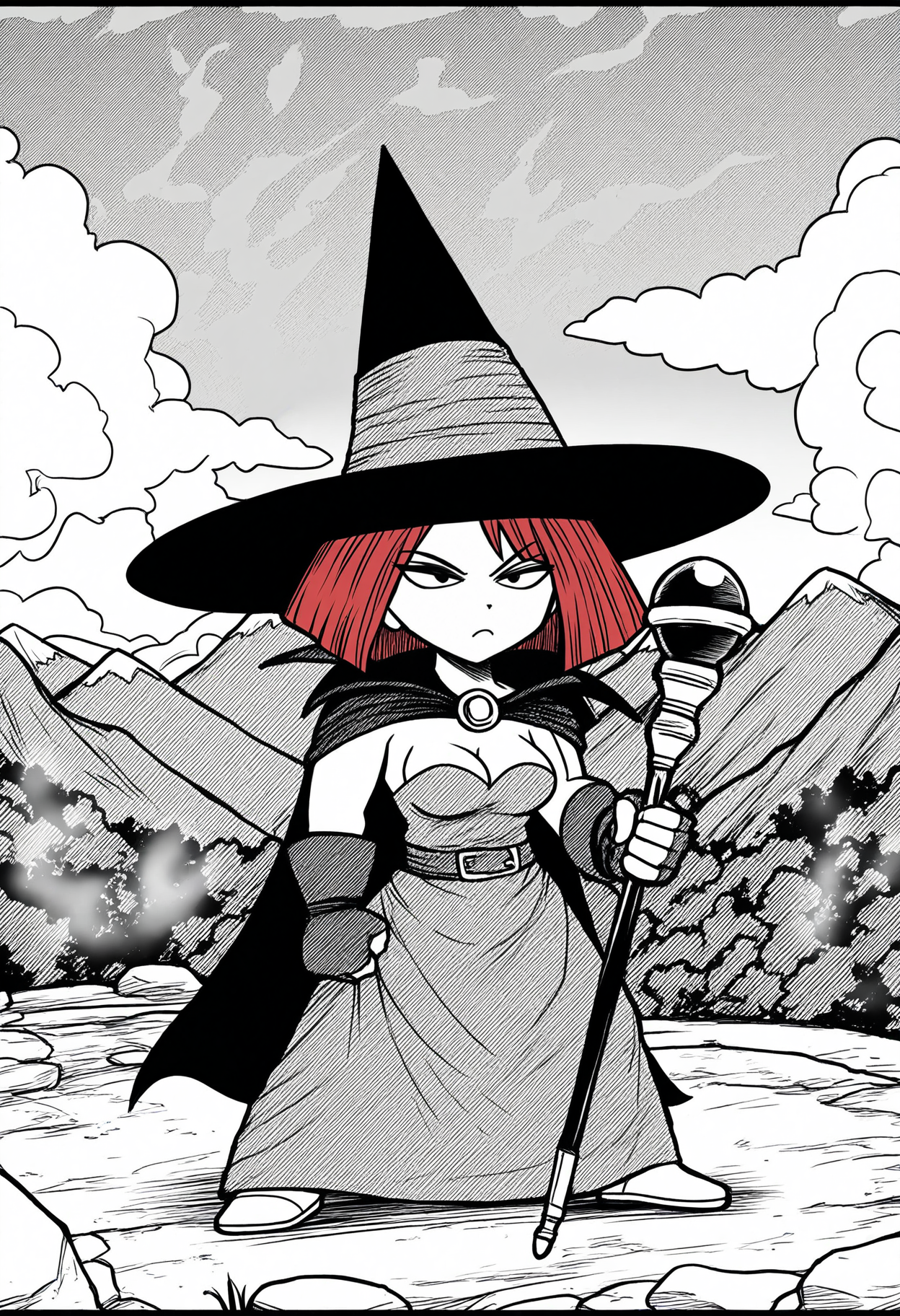 masterpiece, best quality, good quality, amazing quality, monochrome, greyscale, 
<lora:szy_mage_IL:1>szy_mage, 1girl, solo, looking at viewer, chibi,
gloves, dress, hat, medium breasts, red hair, fingerless gloves, cape, witch hat, staff, green dress, witch, holding staff, cleavage, 
BREAK outdoors, mountain, sky, day, cloud,