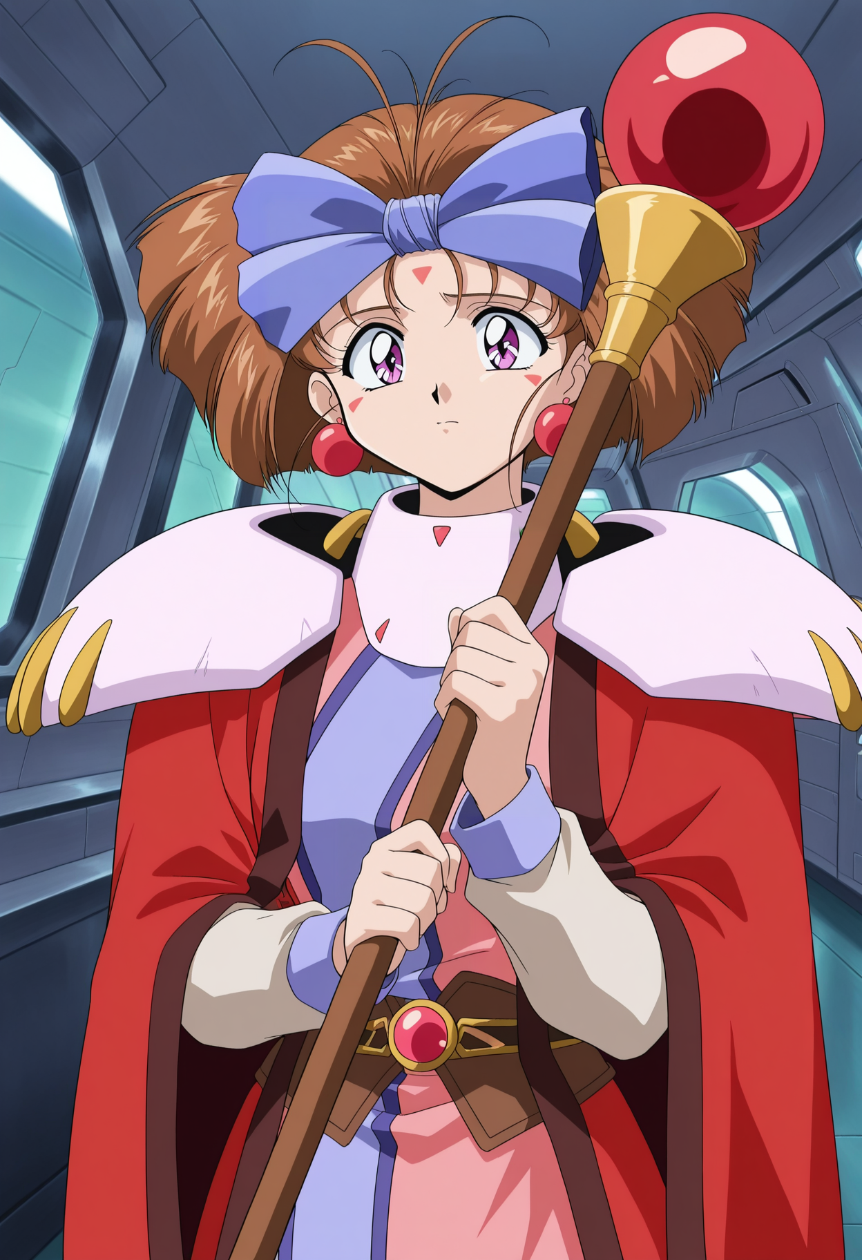 anime coloring, retro artstyle, 1990s \(style\), 1girl, solo, short hair, brown hair, purple eyes, antenna hair, facial mark, ribbon, earrings, high collar, pauldrons, cape, holding staff, casting spell, spacecraft interior, looking at viewer,  <lora:Nana_Melty:1>, masterpiece, best quality, amazing quality, very aesthetic, absurdres, highres, newest