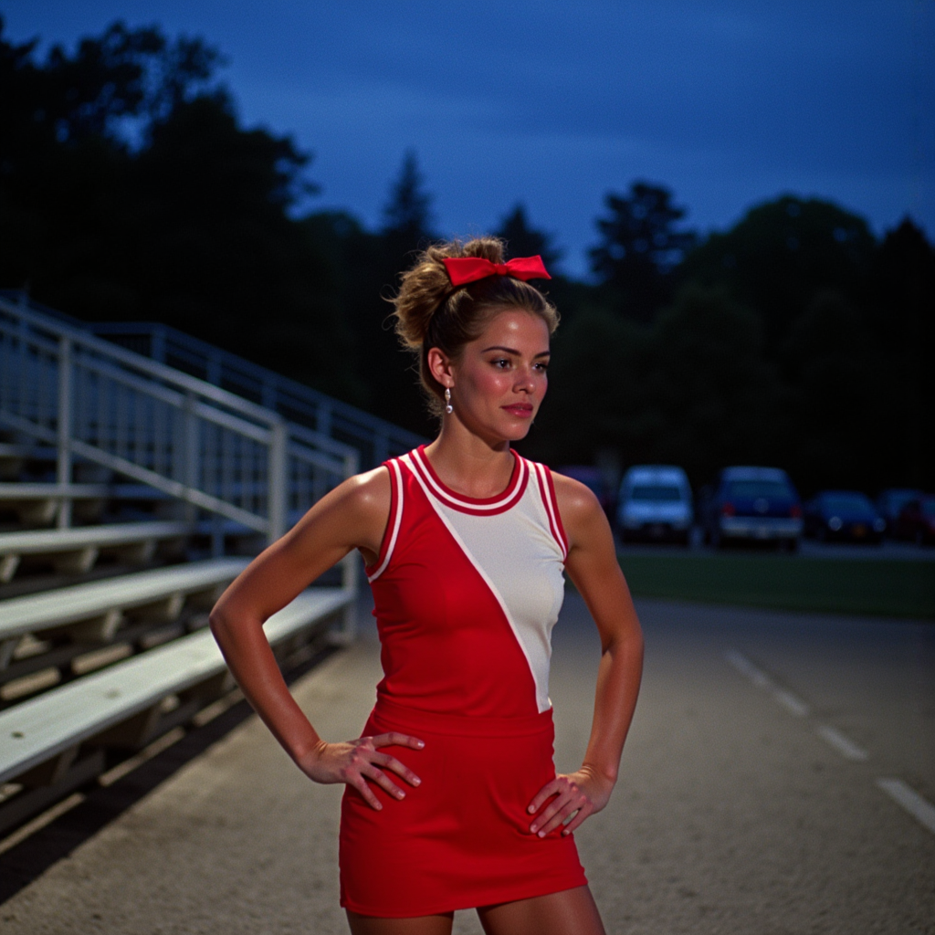 analog film photo 3/4 body shot on vintage Kodak film, a classic 80s cheerleader standing by the school bleachers under cool dusk light, bright red-and-white uniform hugging her athletic frame, voluminous high ponytail tied with a thick satin ribbon, flushed cheeks and soft shimmer eyeshadow, white sneakers scuffed from the court, one hand on hip and pom-poms dangling, subtle lens flare from the parking lot lights behind her, eerie cinematic pause as if frozen between scream and spotlight, beauty and tension balanced in analog stillness
  <lora:final-girlsv2.1:0.9> fgsv3 . faded film, desaturated, 35mm photo, grainy, vignette, vintage, Kodachrome, Lomography, stained, highly detailed, found footage, RAW candid cinema, 16mm, color graded portra 400 film, remarkable color, ultra realistic, textured skin, remarkable detailed pupils, realistic dull skin noise, visible skin detail, skin fuzz, dry skin, shot with cinematic camera